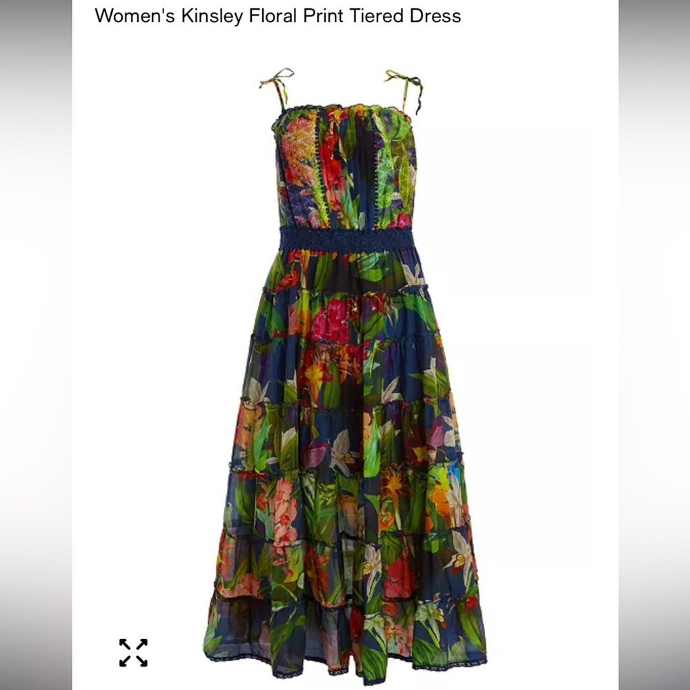 Guess Floral Print Kinsley Tiered Cotton Silk Boho Cottagecore Maxi Dress Size L - Picture 3 of 12